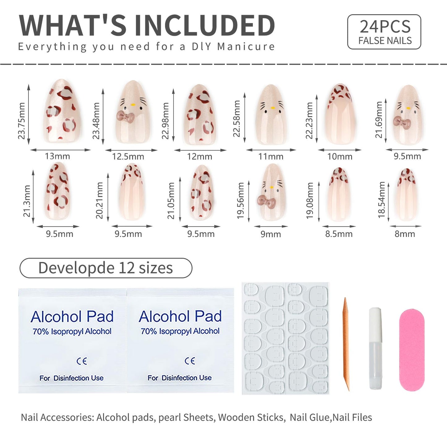 Nude Leopard Press On Nails 24pcs, Cute Cat Design Almond False Nails with Gold Shimmer and 3D Bow, Glossy Reusable Stick On Nails Kit for Women and Girls