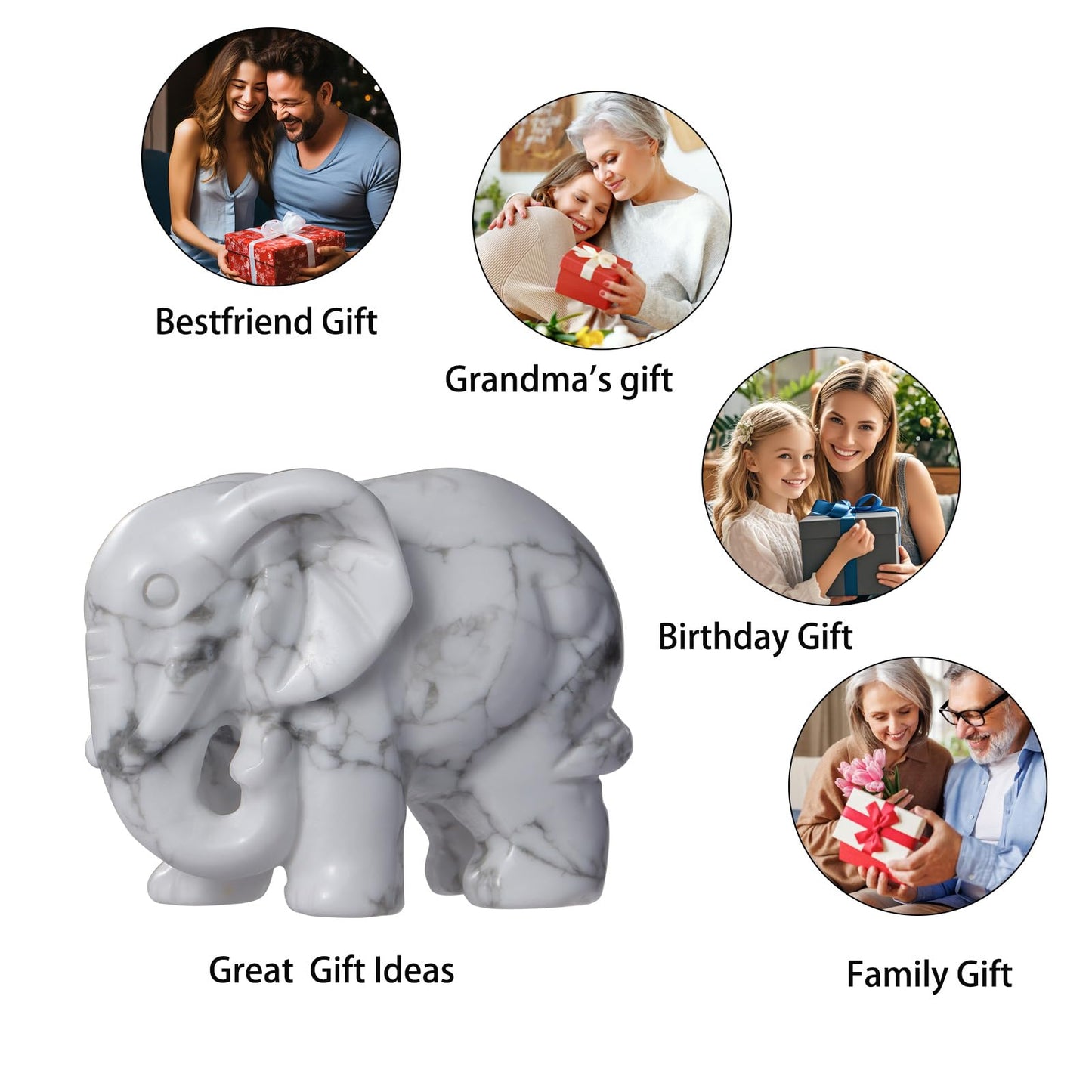 SMQ White Howlite Elephant Statue with Trunk Down for Women Gift Elephant Crystals Healing Stone Carved Lucky Pocket Spiritual Animal Carvings Figurine Home Office Decor Ornament,2''