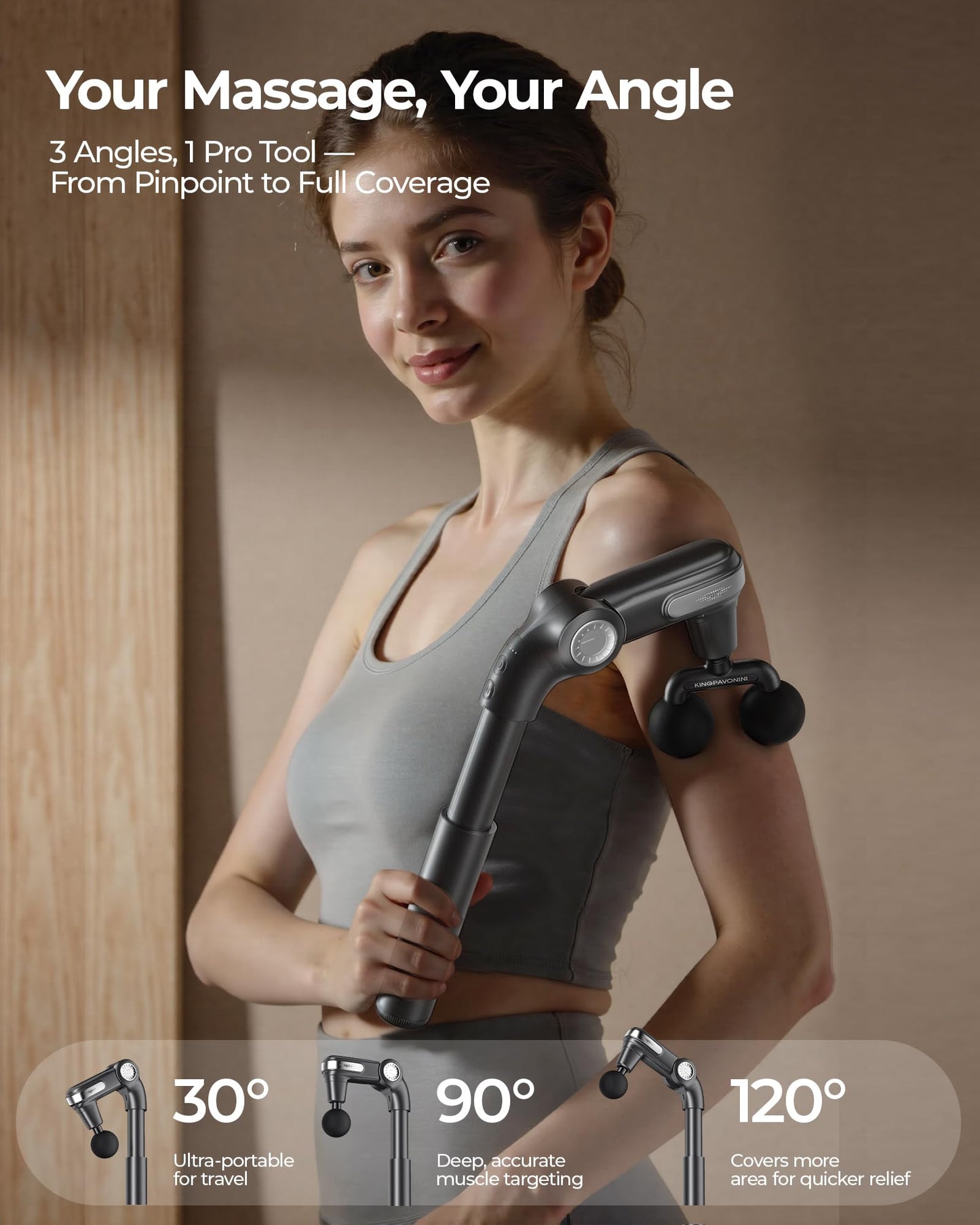 KingPavonini Foldable Massage Gun with Dual-Ball Head, Adjustable Head & Extendable Handle, Handheld Back Massage Gun Deep Tissue for Pain Relief, Portable Percussion Massager Gun, Gift for Men Women