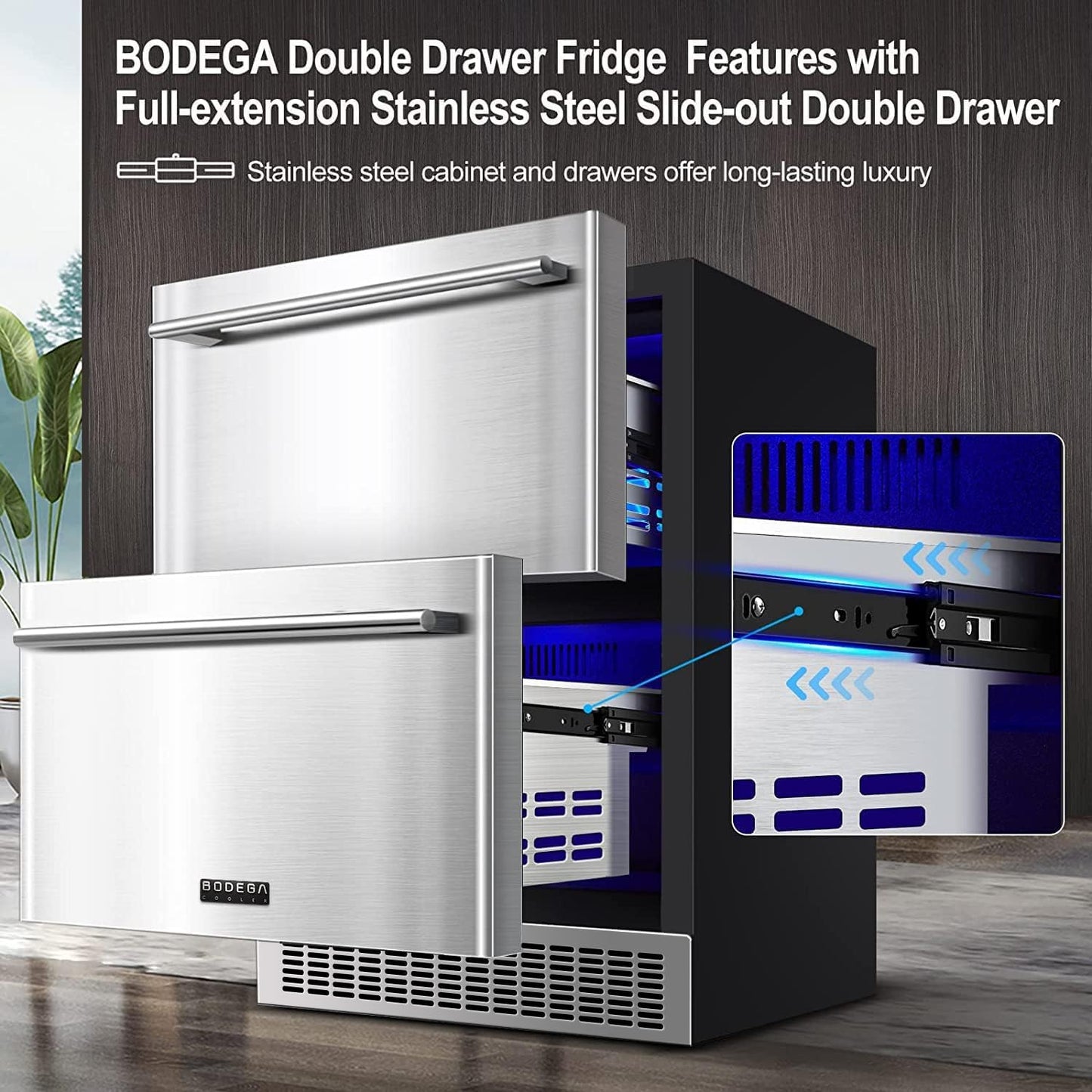 BODEGA 24 Inch Beverage Fridge under Counter, 2 Drawer Outdoor Coolers for Patio and Deck Weatherproof, Stainless Steel Beverage Refrigerator for Beer, Soda, Holds 180 Cans