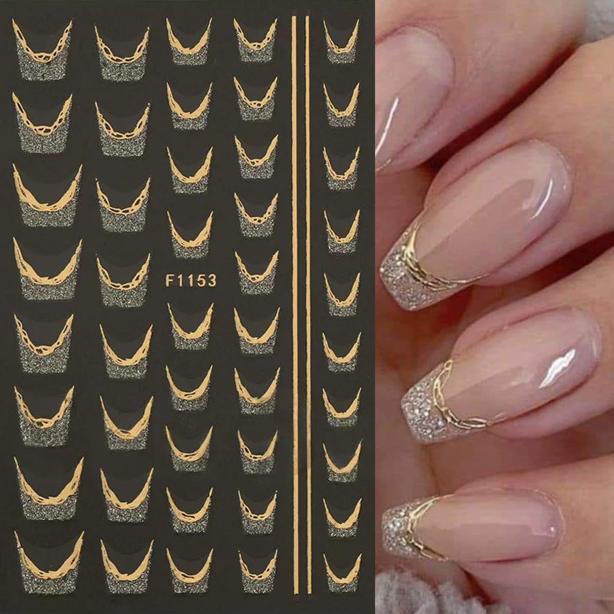 French Line Nail Art Stickers Golden Glitter French Tip Nail Decals Nail Art Supplies 6PCS Stripe Tape Wave Butterfly Nails Adhesive Sliders Manicure Sticker for Nails Women Daily DIY Nail Decorations