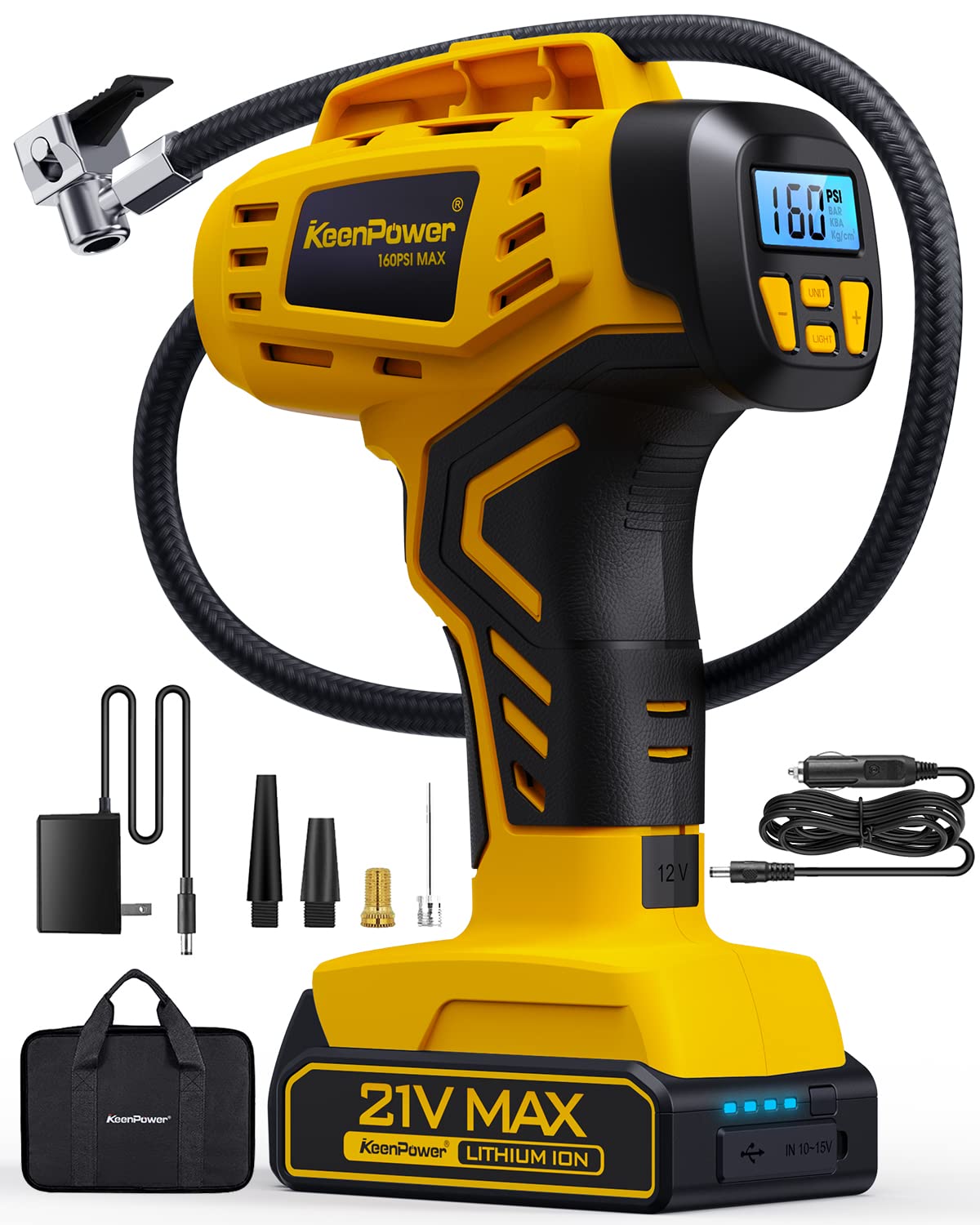 KeenPower Tire Inflator Portable Air Compressor - Super Fast - 21V Rechargeable Battery Powered Handheld 160PSI Tire Inflator, Dual Power Supply Modes, Portable Air Pump for Car Motorcycle E-Bike