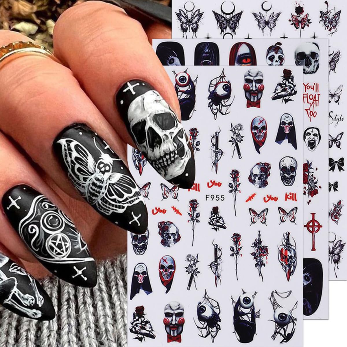 8 Sheets Halloween Nail Art Stickers 3D Punk Goth Nail Decals Evil Skull Rose Snake Nail Designs Sticker Self-Adhesive Halloween Nail Art Supplies Horror Zombie Nail Decorations for Women Manicure