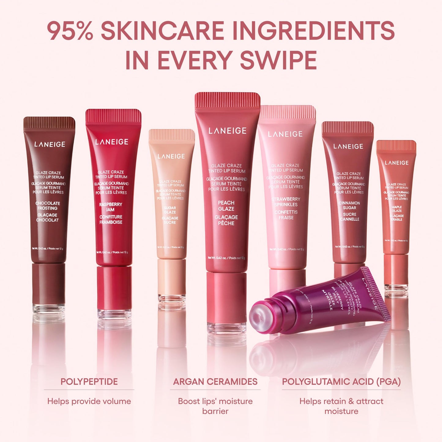 LANEIGE Glaze Craze Tinted Lip Serum, Strawberry Sprinkles: Hydrating Serum for Glossy,Nourished Lips with Plumping Polypeptides,0.42 oz