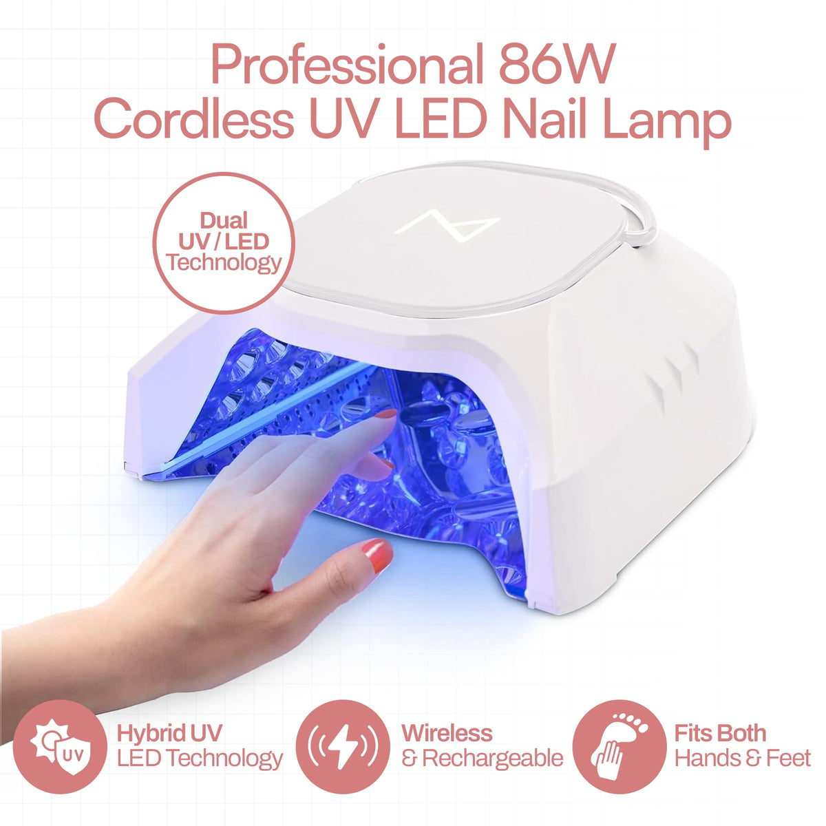 M - GlowPro Professional Hybrid 86W Wireless Rechargeable UV LED Nail Curing Lamp Cordless Nail Dryer for Gel Nails, Manicure, Pedicure (Ombre Purple)