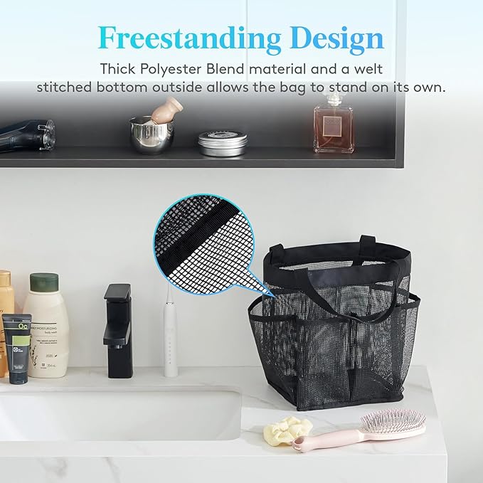 Lifewit Mesh Shower Caddy Portable for College Dorm Room Essentials with 7 Pockets, Freestanding Hanging Organizer Basket, Quick Dry Tote Bag for Camping, Bathroom, Beach, Travel, 1 Pack, Black