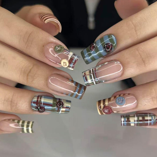 octoswave Press on Nails Medium Square Plaid Fake Nails with 3D Button Ladybug Designs for Women Party Travel 24Pcs