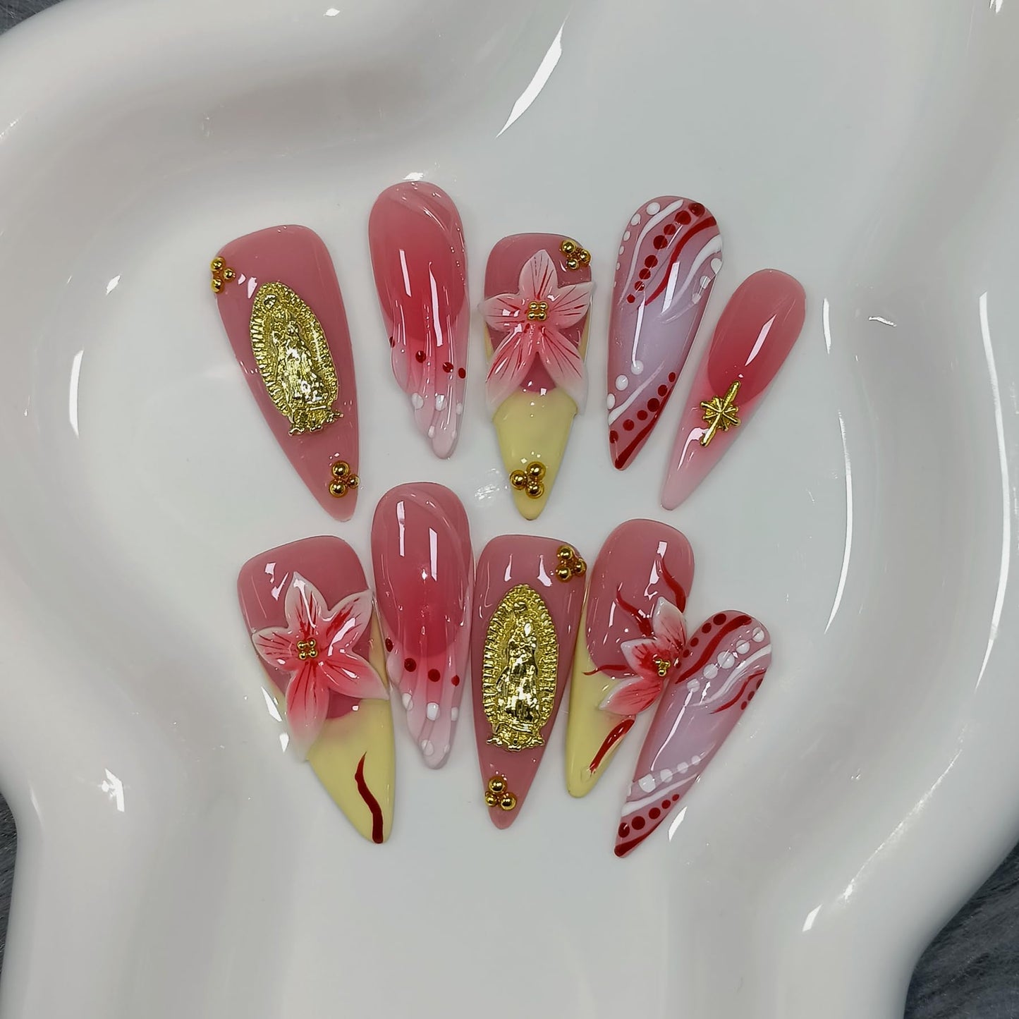 TENPAL Handmade Press on Nails Long Stiletto - Vivid Red 3D Floral Blush Ombre Hand Painted Design Fake Nails for Women Girls- Glossy French Tips Stick on Nails for Gifts(L)