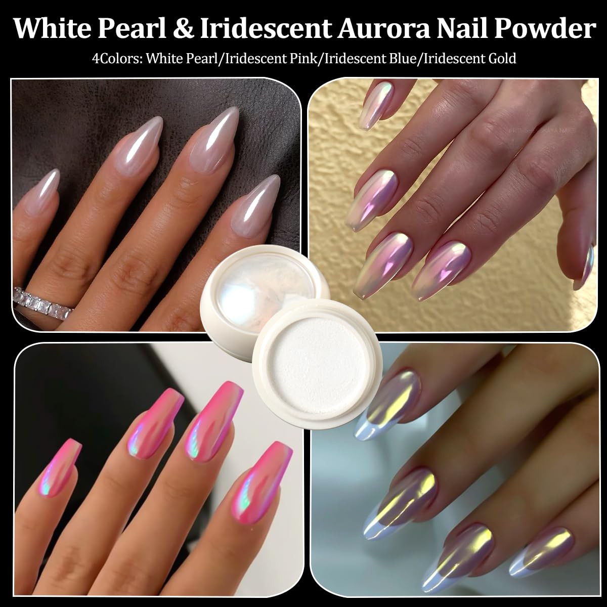 16 Jars Chrome Nail Powder Magic White Pearl Kit Mirror Effect Metallic Nail Art Pigment Fine Glitter Dust for Gel Polish Nail Art Decoration, Home DIY Salon Use