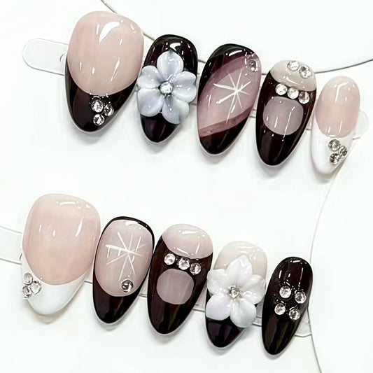 30Pcs Flower Press on Nails Medium Almond Shape Black White French Tip Fake Nails with Rhinestones Designs Glossy Reusable False Nails Acrylic Full Cover Stick on Nails for Women Manicure Tips Set