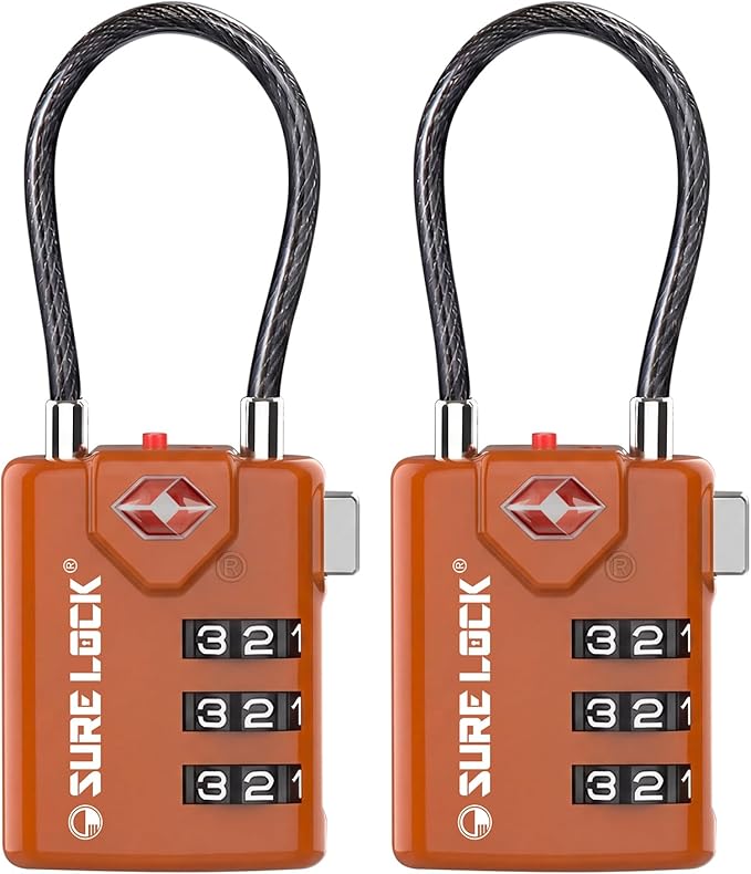 SURE LOCK TSA Approved Combination Luggage Locks with Open Alert Indicator â Durable Zinc Alloy Cable Travel Locks with Large Easy-Read Dials for Suitcases, Backpacks & Gym Bags