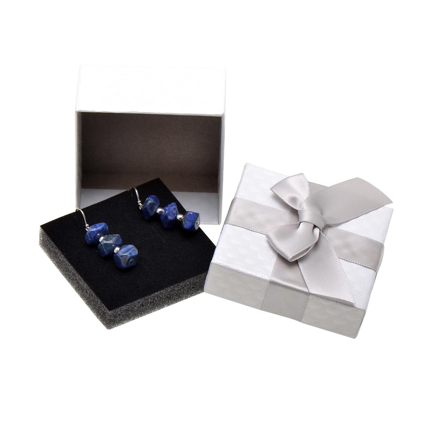 Paialco 2.5" Small Jewelry Gift Box Knotted Ribbon and Foam Filled, Silver White
