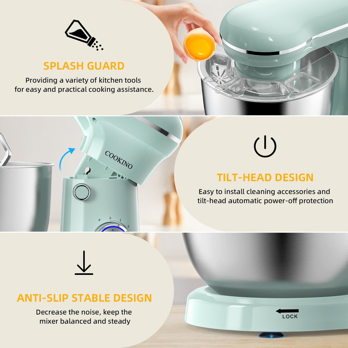 COOKINO Electric Stand Mixer,10 Speeds 660W Tilt-Head Food Mixer, 3-IN-1 Kitchen Mixer for Daily Cooks with 6.5 QT Bowl,Dough Hook, Beater, Whisk (Agave Green)