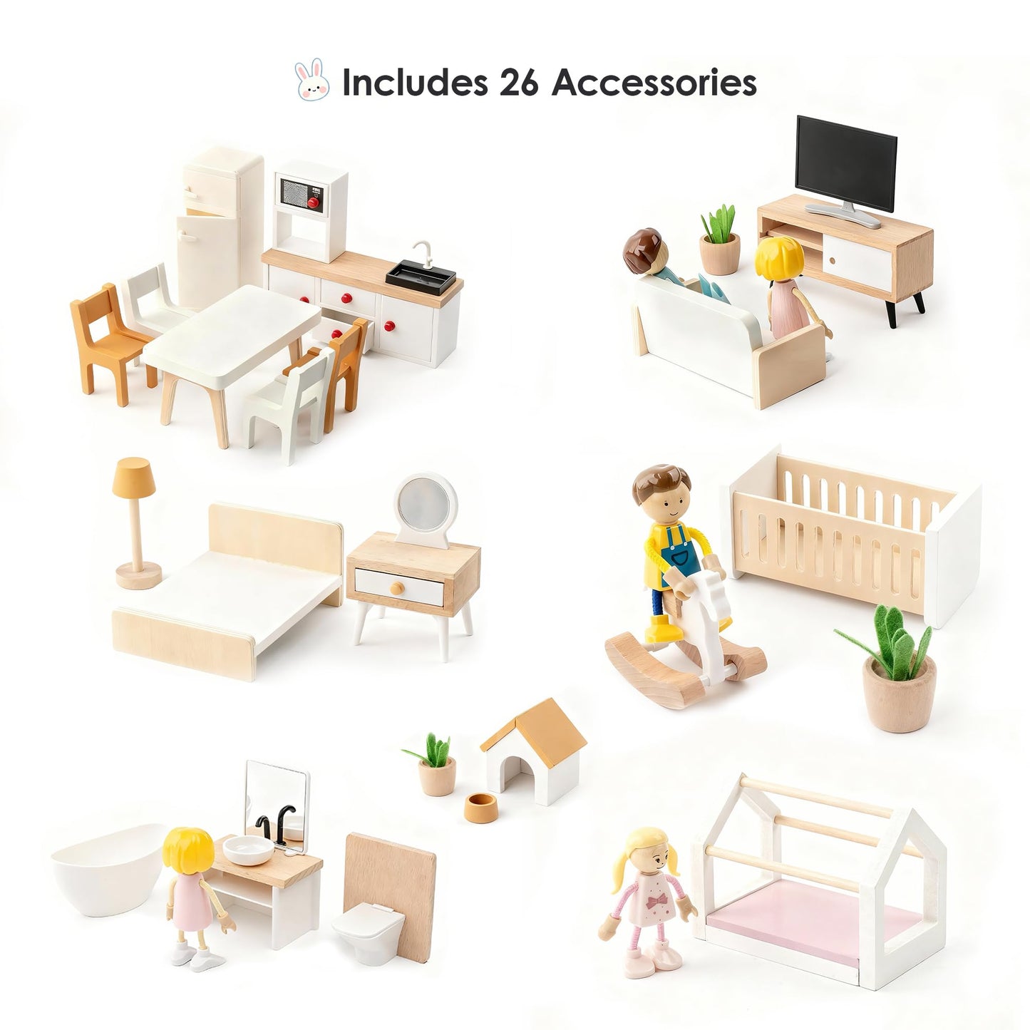 Wooden Dollhouse for Kids, 6-Room Modern Style Toy Doll House Playset with 26 Furniture & Functional Doors, 1:12 Scale Open Plan Dollhouse Designed for 4-6 Inch Dolls, STEM Creative Gift for Ages 3+