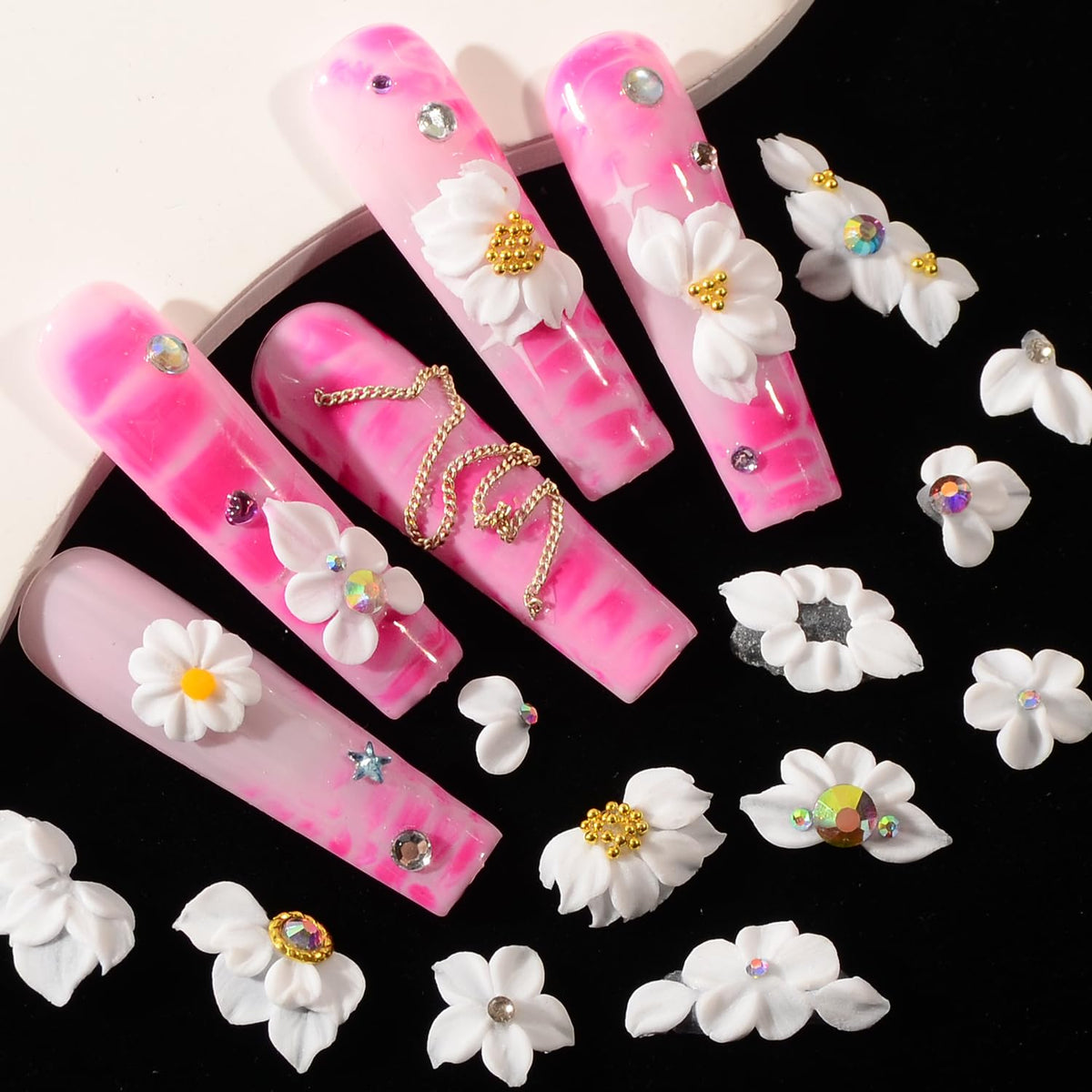 BAIYIYI 30pcs 3D Pure Handmade Acrylic Flowers Nail Charms with Rhinestones Wedding Festival Nail Art Spring Summer Nail Decoration White Flowers Charms DIY Suitable for Women Girls Gifts (01)