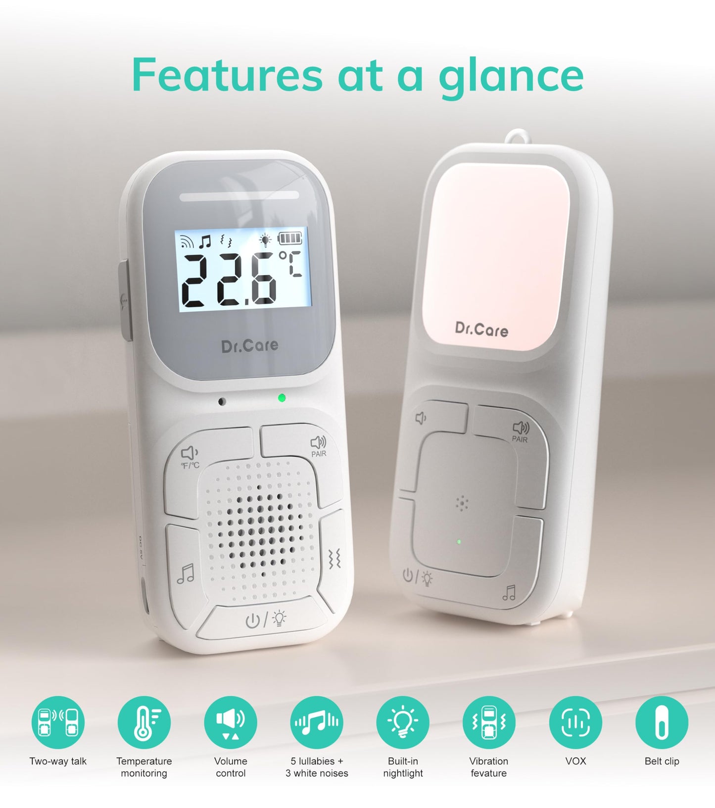 Dr.Care NeoGo Portable Baby Audio Monitor and Sound Machine | Baby Sleep Soother | Travel | Registry Gift with 1000ft Range, Two-Way Talk, VOX, Nightlight, 8 Lullabies, and Vibrating Sound Alert