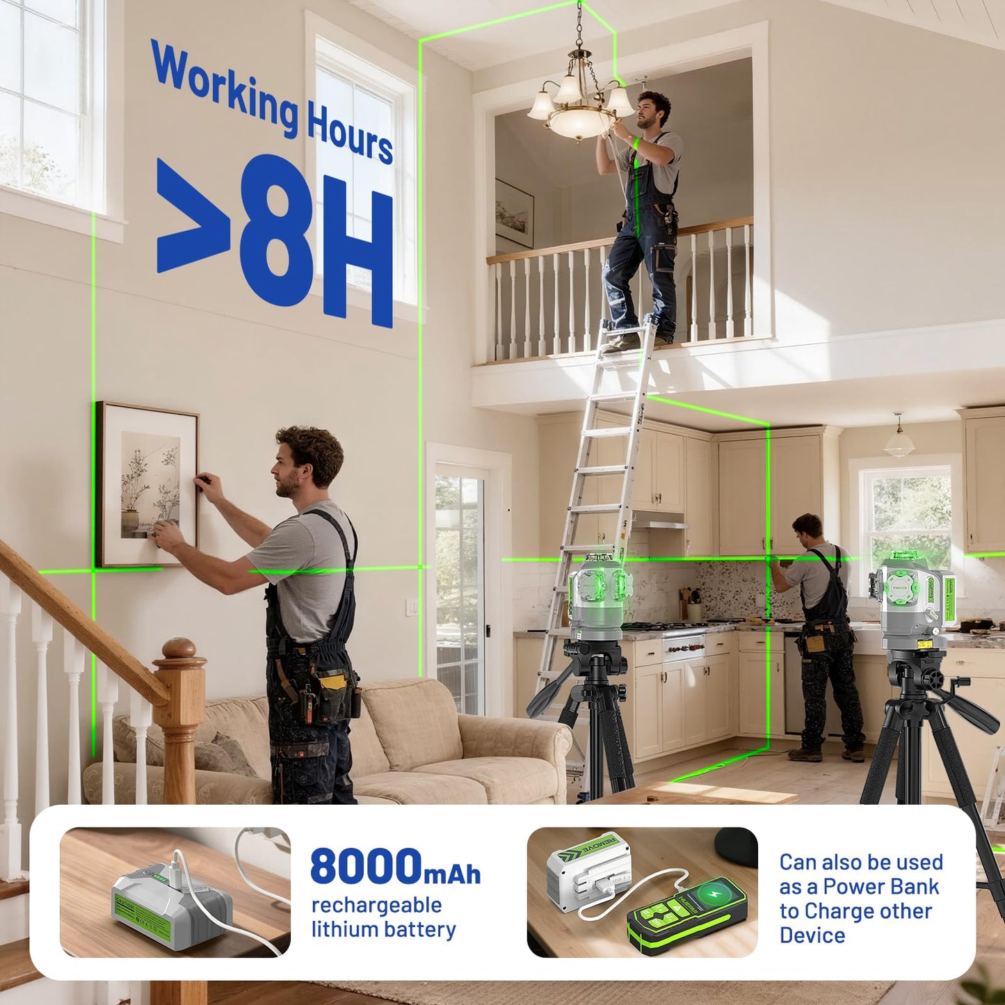 Huepar Pro 2026 New Outdoor Laser Level 360 Self Leveling with Fixed-Point Pivot Alignment, 3x360 Green Lazer Leveler Tool-Remote Control&8000mAh Li-ion Battery, 1/13" Accuracy for Construction GS03CG