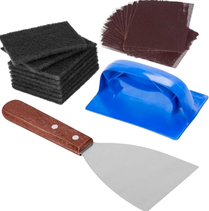 (Set of 32) Heavy Duty Grill Scraper and Pad Holder Set â Flat Top Griddle Cleaning Kit with Scraper Tool, 10 Grill Cleaning Pads, 20 Grill Screens â Commercial Kitchen Griddle Cleaner for Restaurants