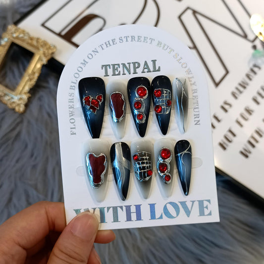 TENPAL Halloween Vampire Nails,Gothic Press On Nails Long Stiletto With Tools,Black Dark Ombre Fake Nails with Red Gems,10Pcs Hand-Painted Glossy Acrylic Glue on Nails for Women Parties Events(S)
