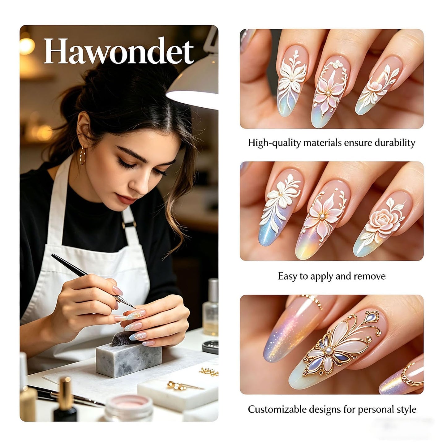 Handmade Press on Nails Square 3D Cute Glue on Nails for Women, Luxury Homemade Press on Nail Art Design, Fake Nails with 3D Nail Charms Size M 9