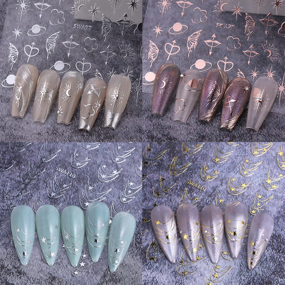 6 Sheets Star Nail Stickers for Nail Art, 3D Self-Adhesive Nail Decals, Moon Butterfly Nail Supplies Nail Art Design Accessories for Women Girls Manicure DIY Decoration