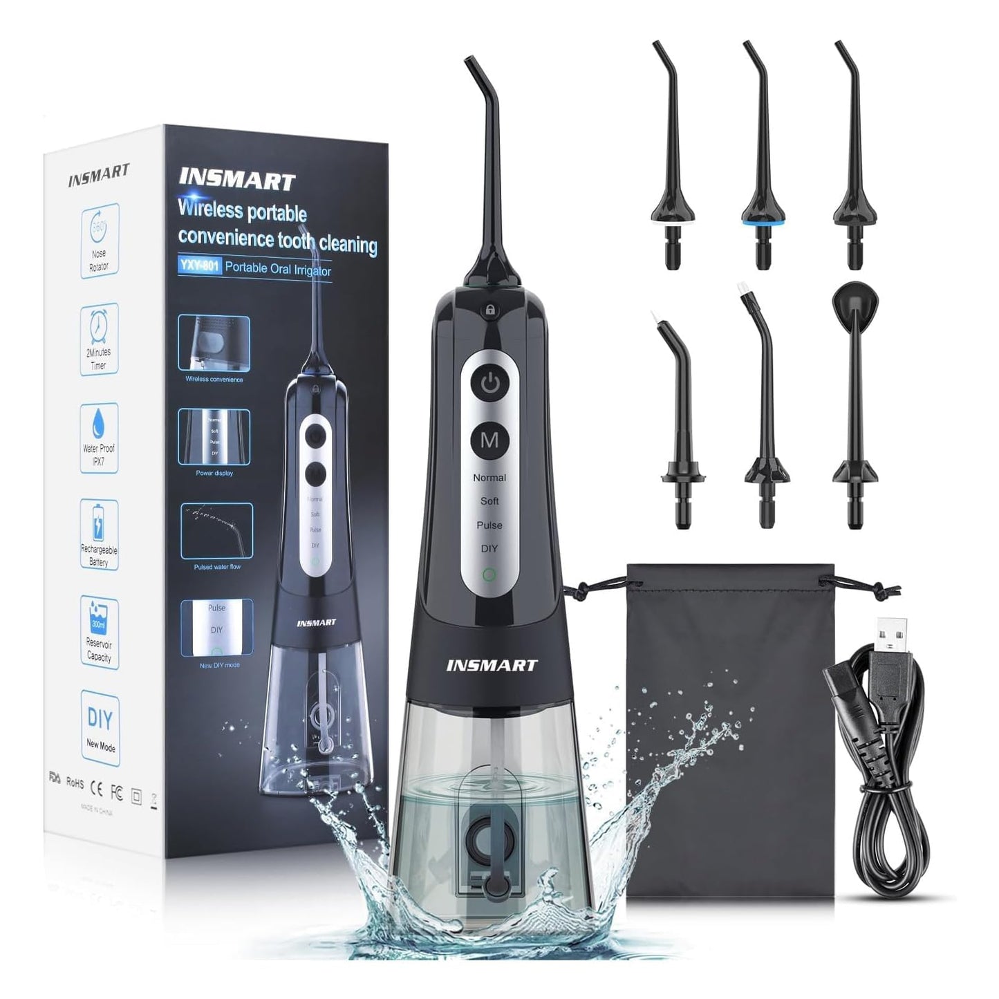 Cordless Water Dental Flosser Teeth Cleaner, INSMART Professional 300ML Tank DIY Mode Rechargeable Dental Oral Irrigator for Home and Travel, IPX7 Waterproof 6 Modes Irrigate Oral Care (Black)
