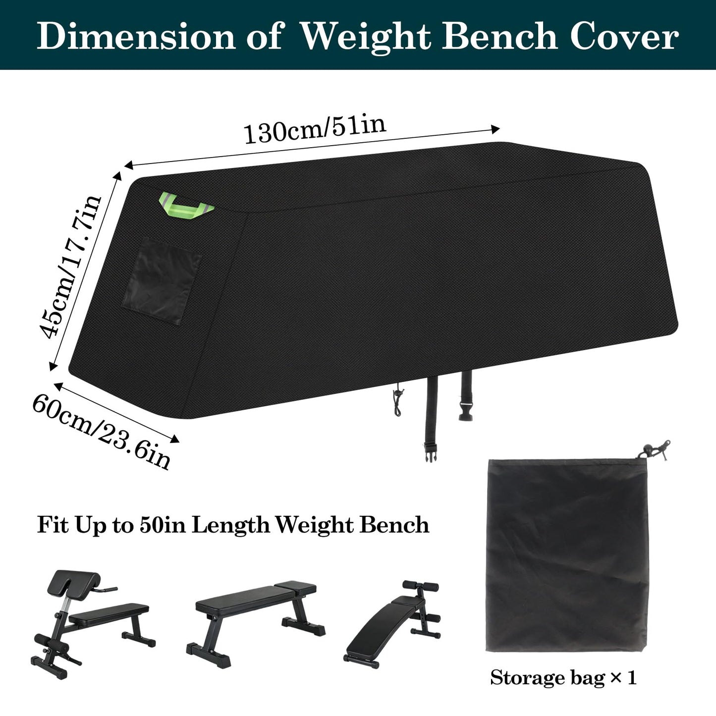 Klmnop Weight Bench Cover, Waterproof 420D Oxford Exercise Workout Bench Cover for Sit-up Board Flat Lifting Benches, Windproof with Drawstring & Fluorescent Handles, 51"x24""x18""(Black)"