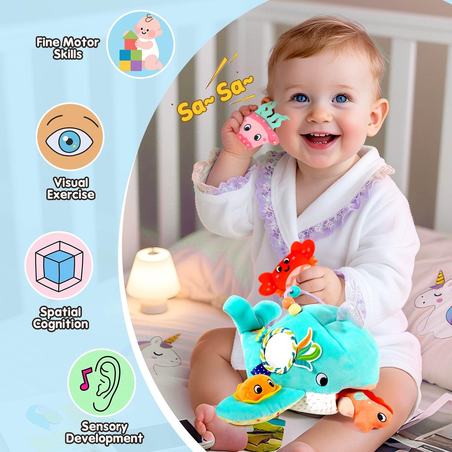FREYBLI Baby Toys 6-12 Months - Soft Ocean Adventure Toy with Rattle, Crinkle Paper, Squeaker, Mirror - 6 Month Old Baby Toys Boy Girl Gifts, Baby Sensory Montessori Toys for 6 Month Old Infant Toys