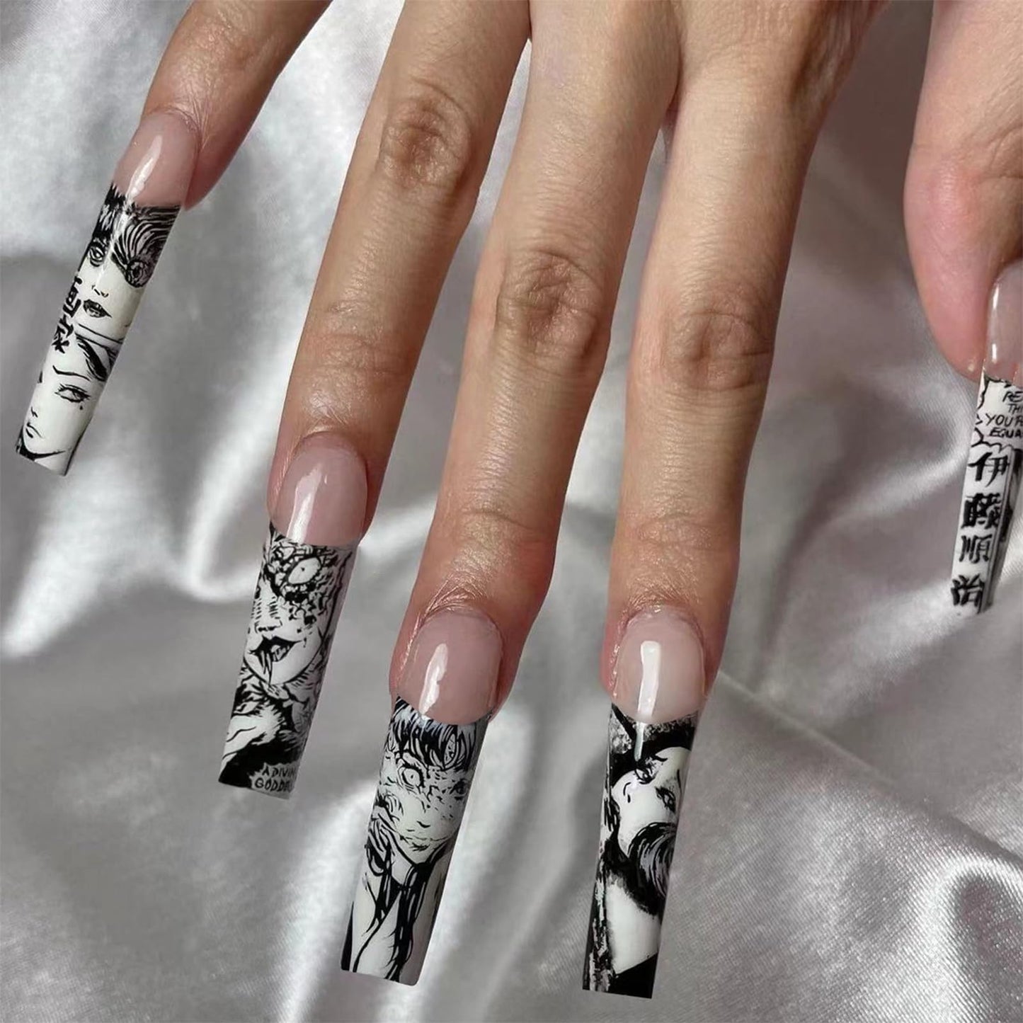 IMRAIN Press on Nails Long Square Fake Nails Black White French Tips, Anime Graffiti Artificial Stick on False Nails Full Cover Gel Acrylic Nails for Women Girls 24Pcs
