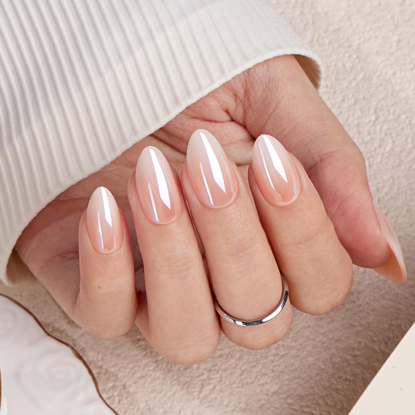 VSALON Short Almond Press on Nails - Chrome Nude Ombre Fake Nails Kit for Women - Reusable Opaque Glazed Salon Quality Glue on Nails Spring Summer Nails 32 PCS in 16 Sizes