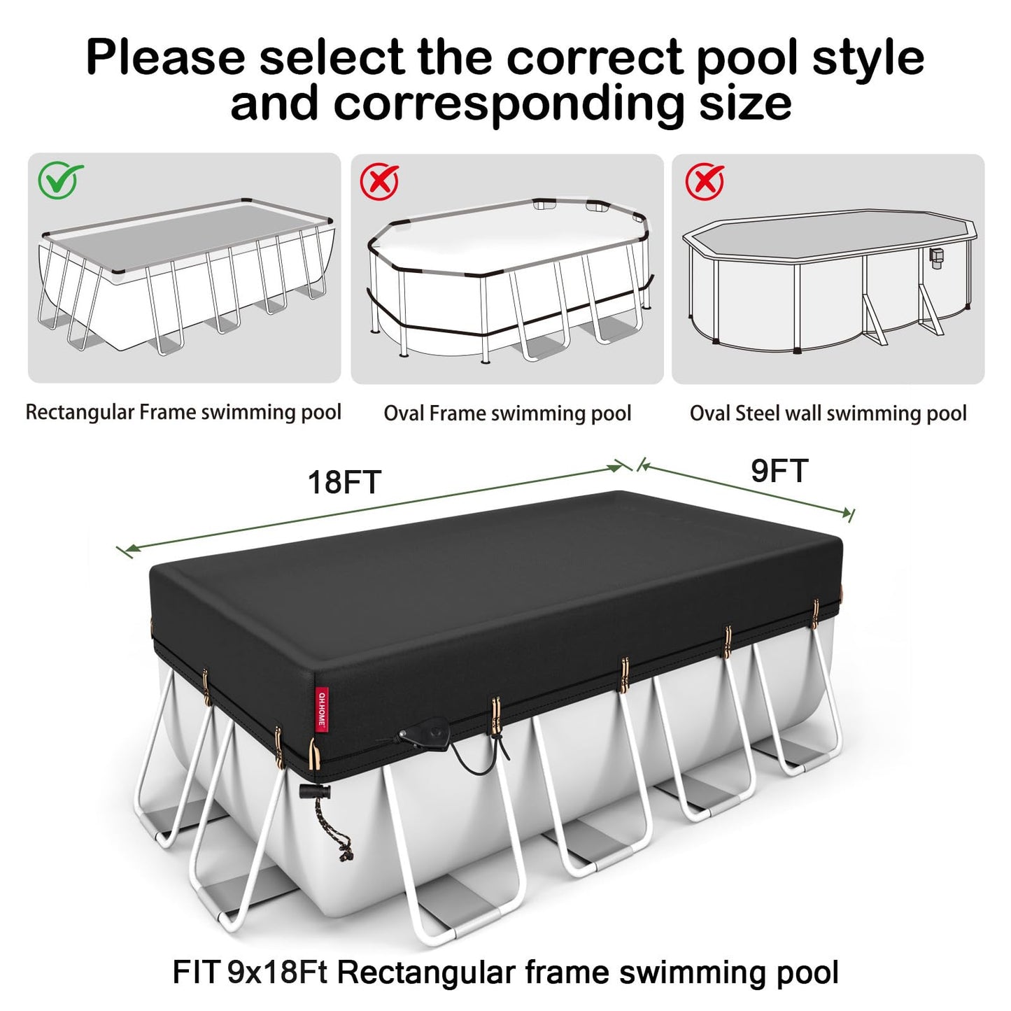 QH.Home 9x18ft Rectangular Pool Cover,[Ultimate Windproof & Tear-Resistant Fabric],Snug Fit with Patented Ratchet & Weight Rings,Solar Pool Cover for Above Ground Pools, Blocks Leaves &Waterproof