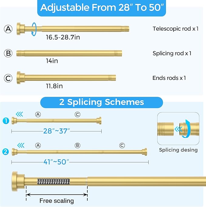 Shower Curtain Rod 31-49 Inch,0.87"Diameter Adjustable Spring Tension Curtain Rods No Drill,Warm Gold Shower Tension Rod for Bathroom,Room Divider,Window,Anti-Rust Non-Slip 1-Pack