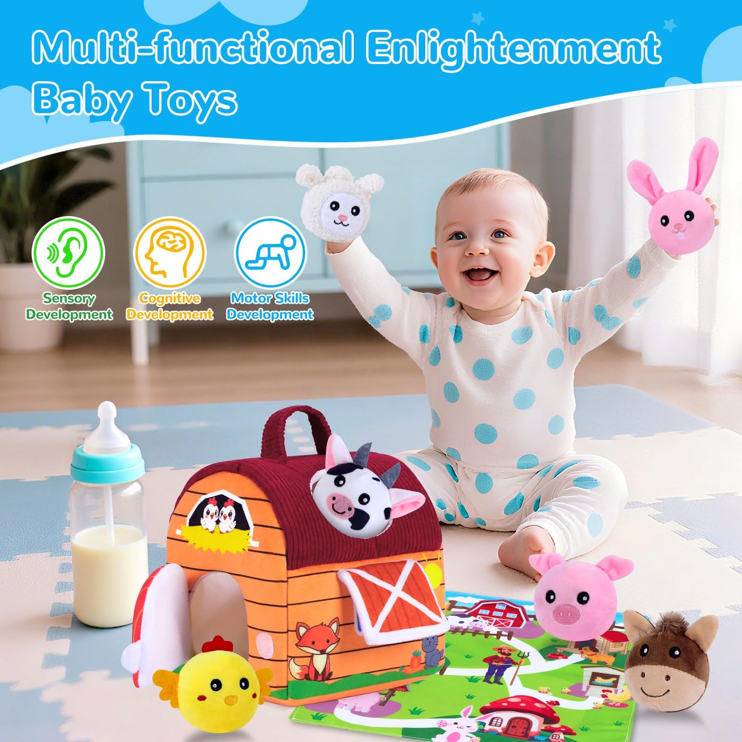 Baby Toys 6-12 Months, Little People Farm with Crinkle, Rattle & Squeaker – Little People Barn with Stuffed Farm Animals for Newborn Infants, Montessori Learning Toys for Baby Christmas Gift