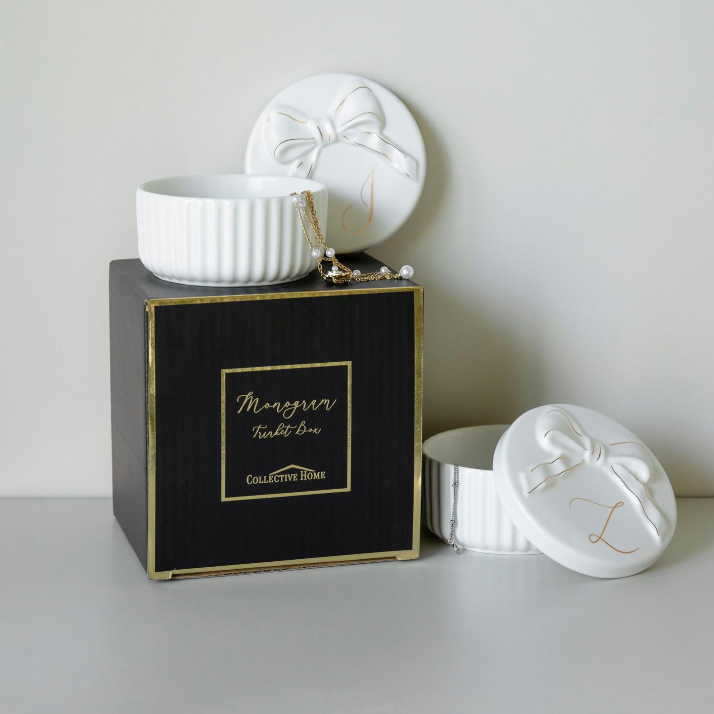 COLLECTIVE HOME - Monogram Jewelry Box with Bow, Christmas Gift Ideas for Women, Small Gift for Girlfriend Wife, Ring Holder, Earrings Dish, Birthday Gift for Her (J)