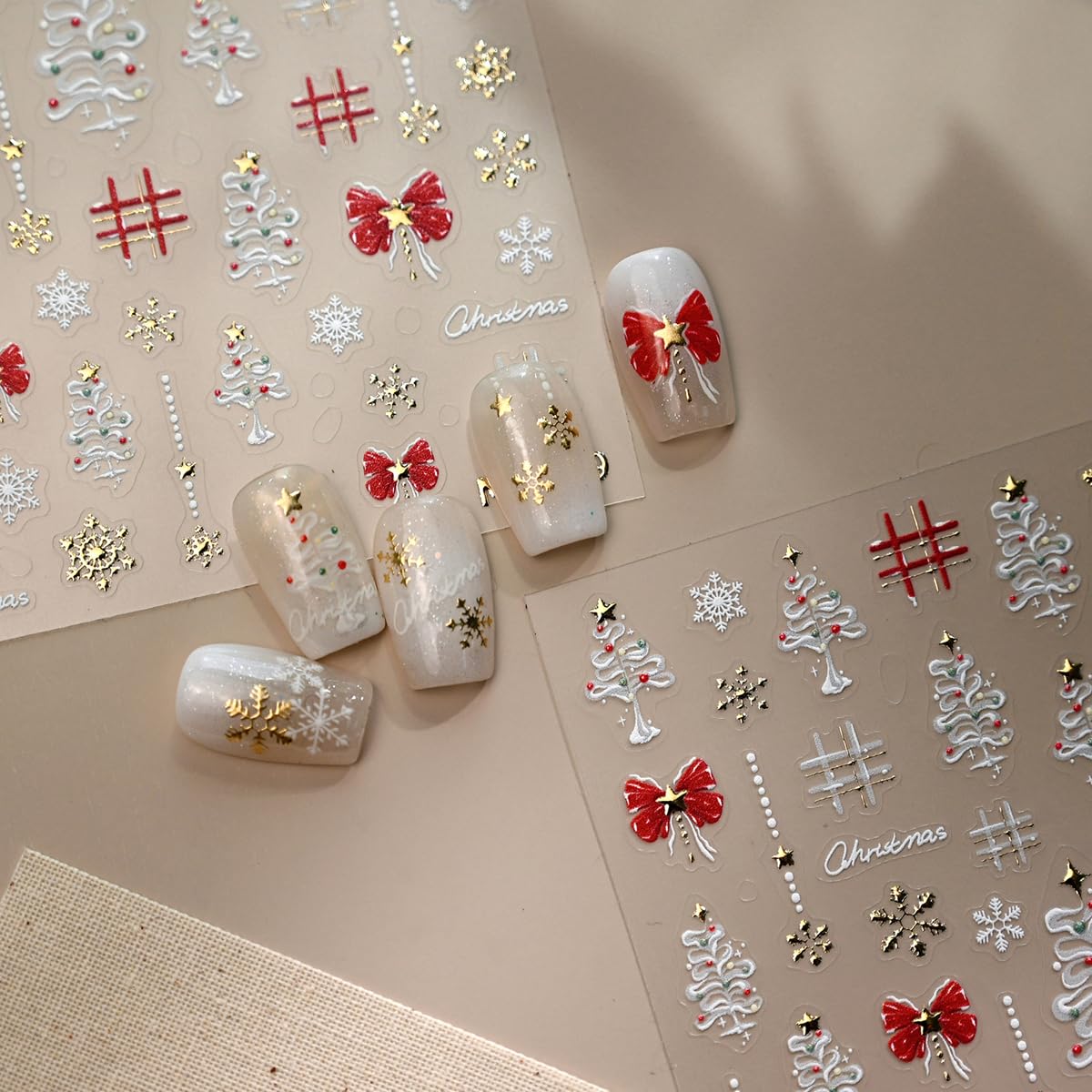 Christmas Nail Art Stickers Red Bow Nail Stickers 5D Embossed Gold Snowflake Nail Decals Christmas Tree Self Adhesive Nail Art Supplies for Women Girls DIY Nail Art Decorations 1 Sheet