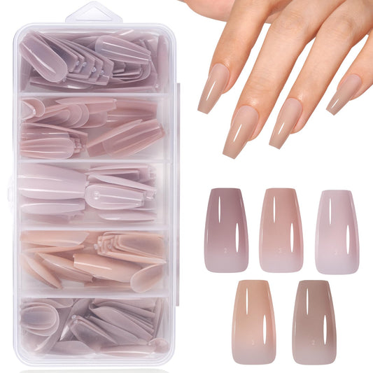 AILLSA RealFit Nude Tone Mixed Color Press On Nails 4 in 1 Pre-Shaped Nail Tips Medium Coffin Full Cover Fake Nails Extension Natural Gel Tips Easy to Apply For Nail Art DIY 140 PCS