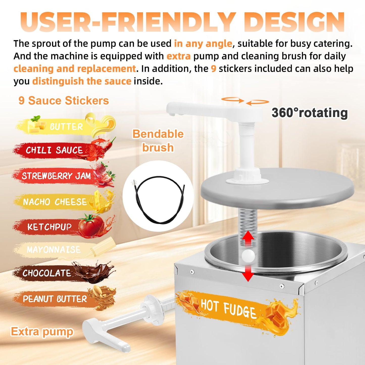 Nacho Cheese Dispenser Warmer 2.6Quart Cheese Sauce Warmer with 2 Pumps&9 Stickers, Hot Fudge Dispenser Warmer 5-Level Insulated Pump Dispenser for Sauce Cheese Fudge Caramel