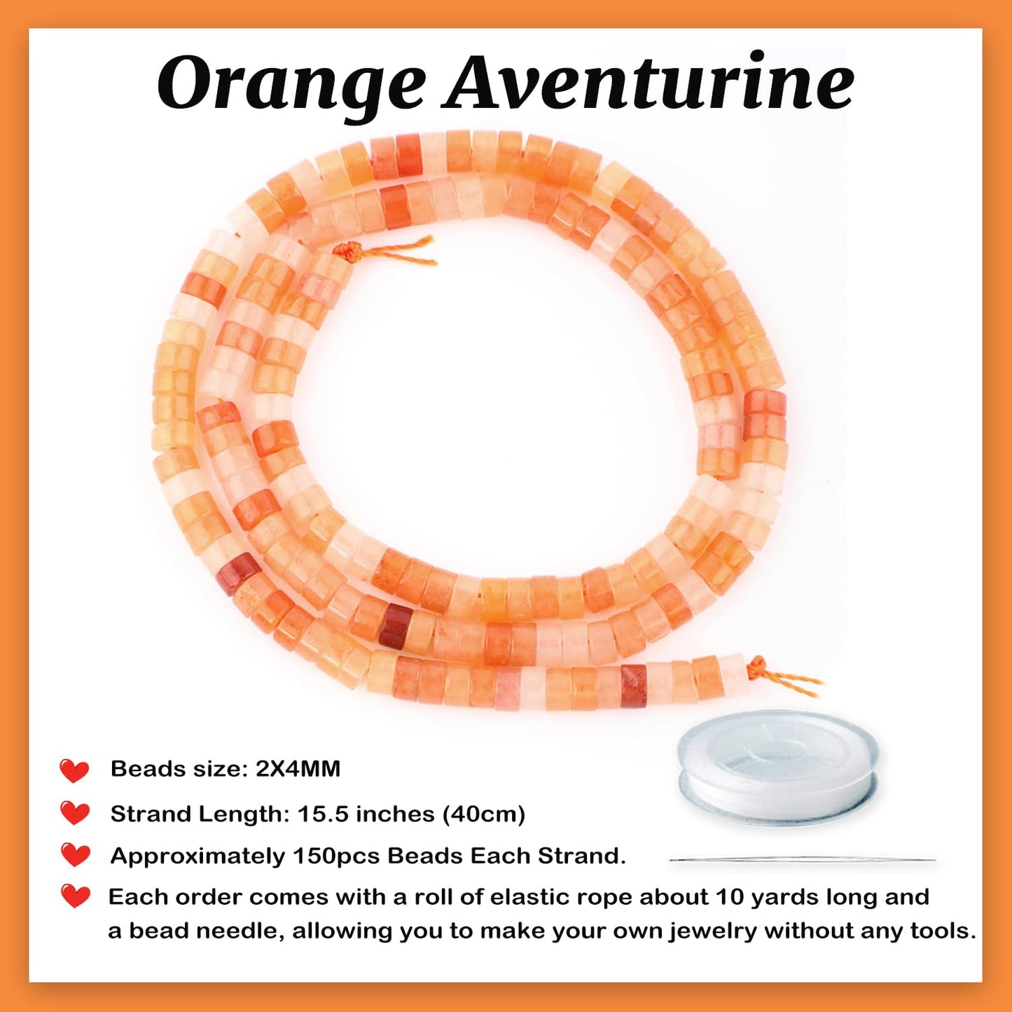 Natural Orange Aventurine Heishi Spacer Beads Loose Semi Precious Flat Round Gemstone Disc Shape Stone for Beading Jewelry Making 4x2mm 15.5"