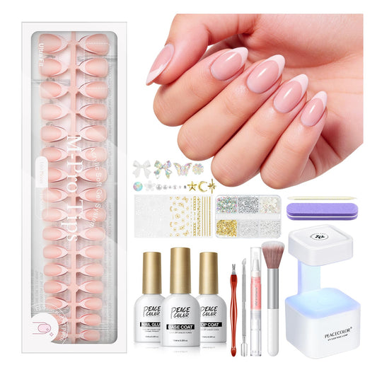 PEACECOLOR French Tip Press On Nails Kit - 160Pcs Short Almond 5 Colors Nude Fake Nails Extension Kit with Nail Glue Top & Base Coat Nail Lamp & Tools Manicure Set for Women Home DIY Gift