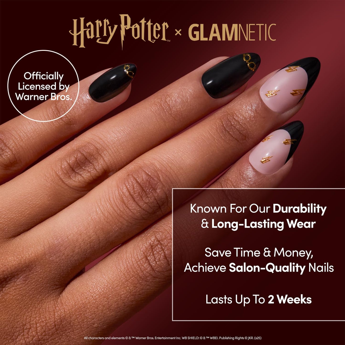 Harry Potter™ x Glamnetic Press-On Nails Bundle - Harry Potter™, Dementor™, Unicorn Blood, Mandrake & Lumos | Short Almond Fake Nails with Black French Tips, Glasses & Hidden Lightning Details | Mediu