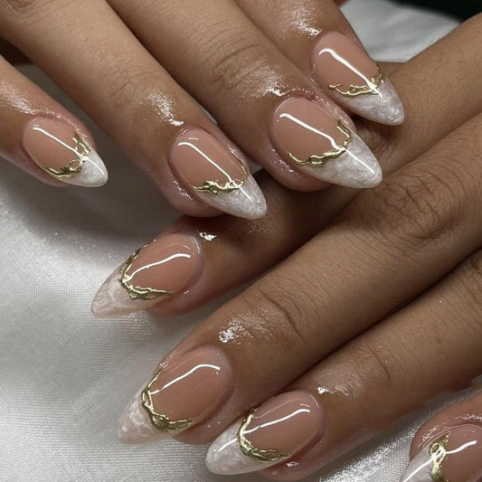 24Pcs Almond Press on Nails Medium White Smudge Fake Nails French Tip Acrylic False Nails with Gold 3D Stripe Designs Nude Pink Glue on Nails Reusable Fake Nails for Women