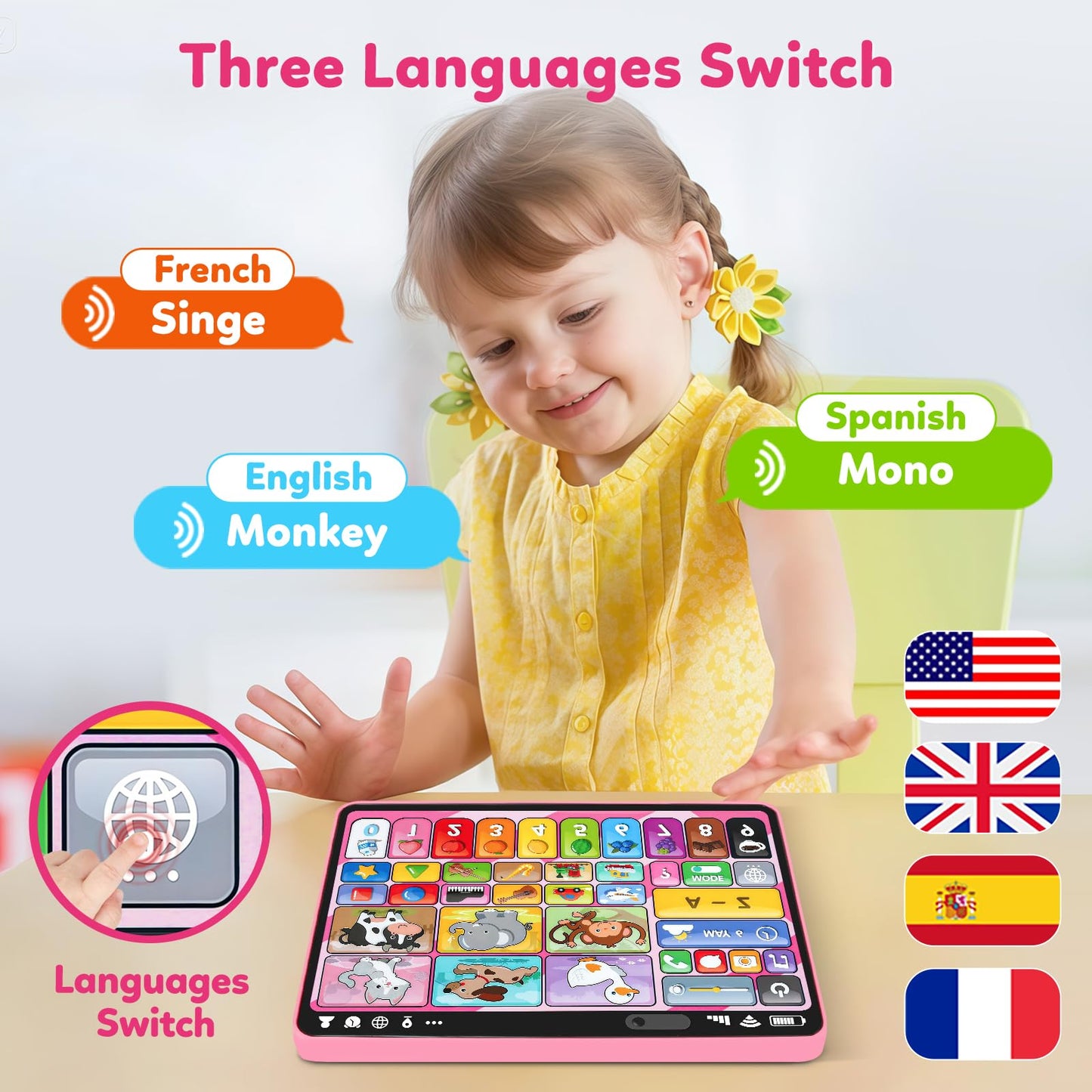 Trilingual Learning Toy Tablet with Music & Sound, Montessori Speech Therapy Toys for 1 Year Old Girl Boy Musical Baby Toy 12-18 Months Toddler Girl Toys Age 1-2 2-3 Birthday Gifts (Pink)