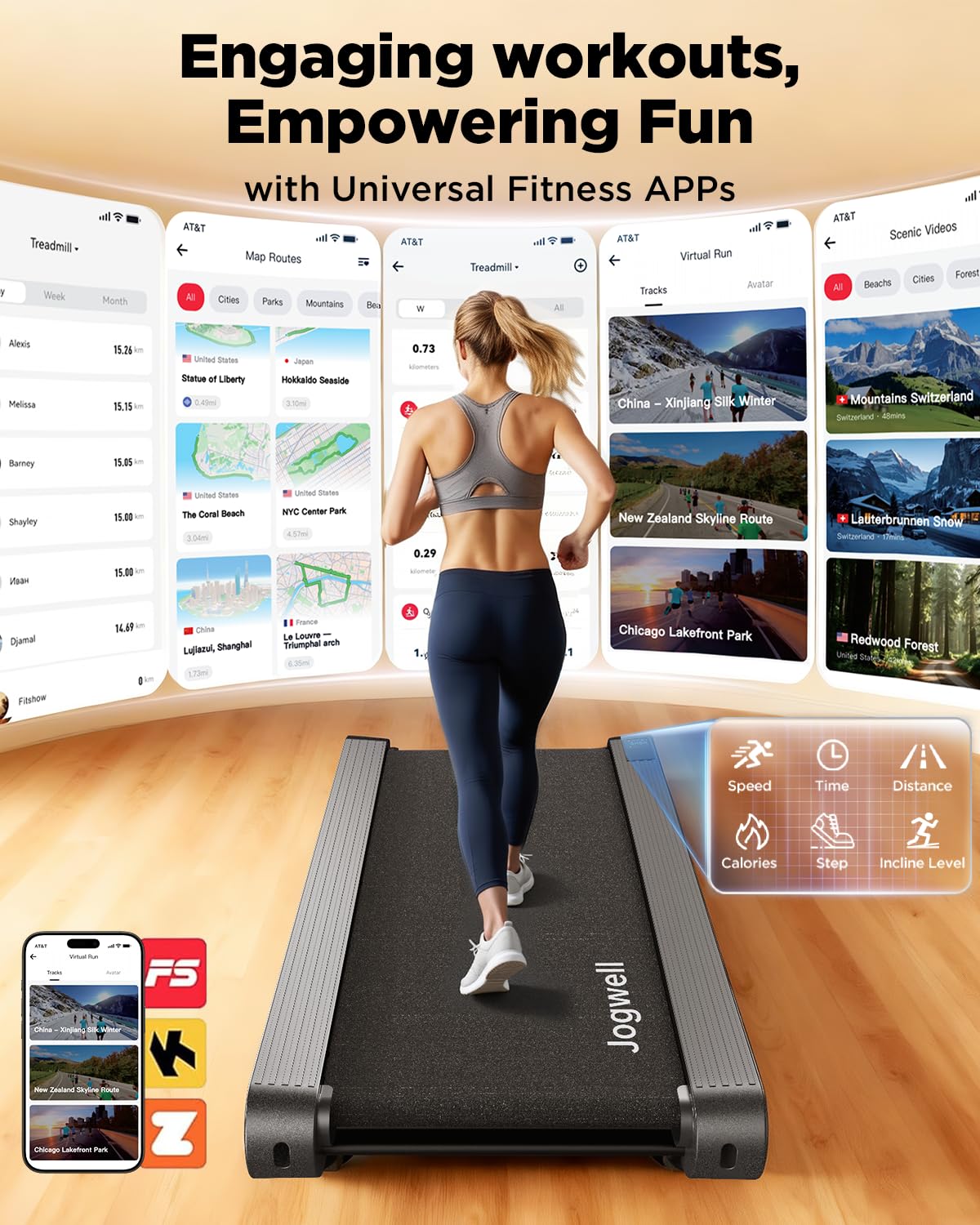 Jogwell Walking Pad Treadmill with 20%/15%/12% Auto Incline, Max 400/350lbs Capacity Treadmills for Home Office Under 35dB, Spacious Running Area, Vertical Storage, 3/3.5HP Brushless, APPJW05