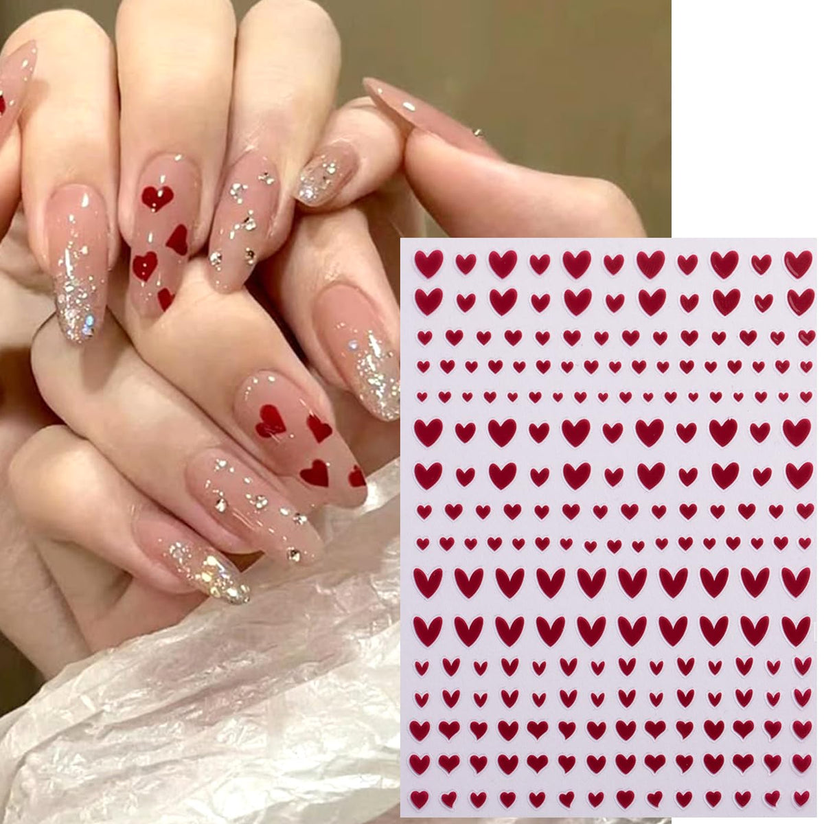 Heart Nail Stickers Decals for Nail Art, 6Sheets 3D Self Adhesive Hearts Nail Art Stickers for Women Gold Black White Red Heart Love Patterns Elegant Design DIY Valentines Manicure Accessories