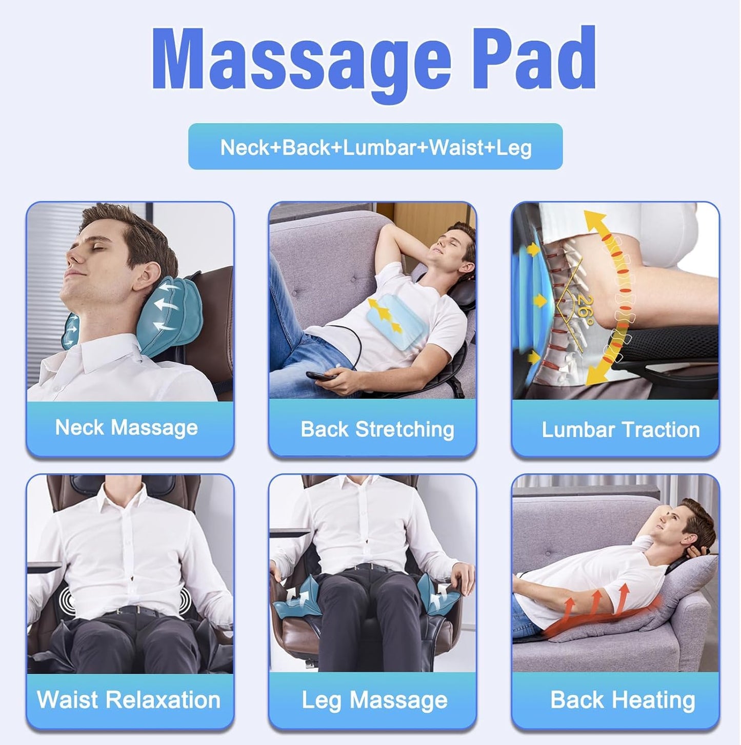 comrelax Back Massager with Heat & Traction & Vibration, Seat Massager Pad for Pain Relief Deep Tissue, Lumbar Traction, PU Leather, Foldable, for 5’ to 6’1”, Massage Chair Pad for Office Home