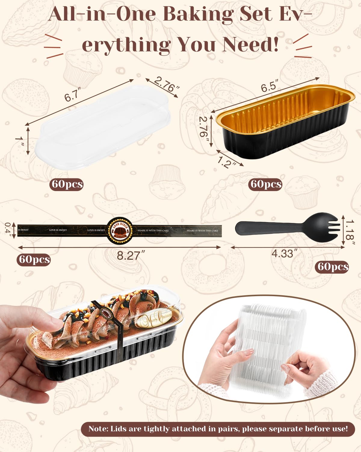 YQER 100 Pack Mini Loaf Pans with Lids, Spoons & Stickers – Disposable Aluminum Foil Baking Cake Containers for Oven, Air Fryer & Freezer – Ideal for Cakes, Bread, Pudding, Parties & Gifting, Black
