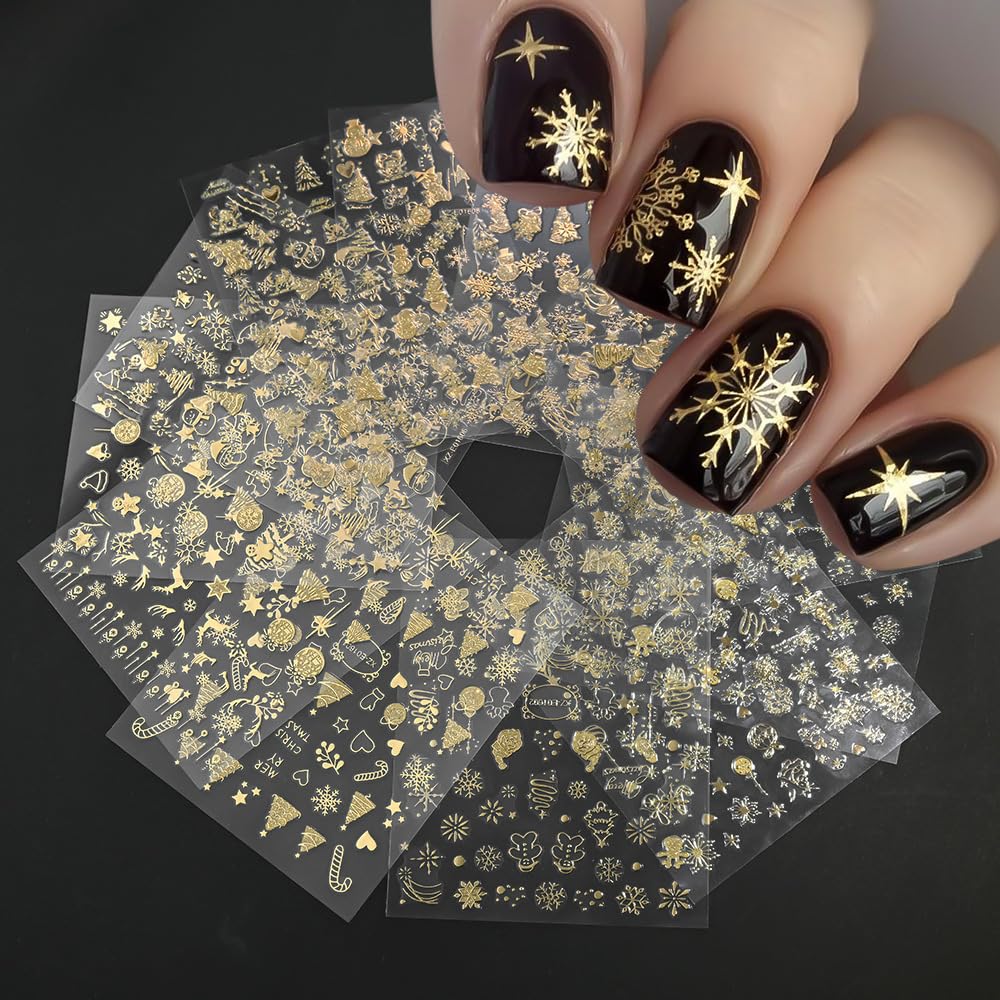 12 Pcs Christmas Nail Stickers Gold Glitter Snowflake Nail Decals Metallic Santa Claus Gingerbread Man Xmas Tree Nail Supplies Christmas Snowmen Nails Supplies for Women Winter Holiday DIY Manicure