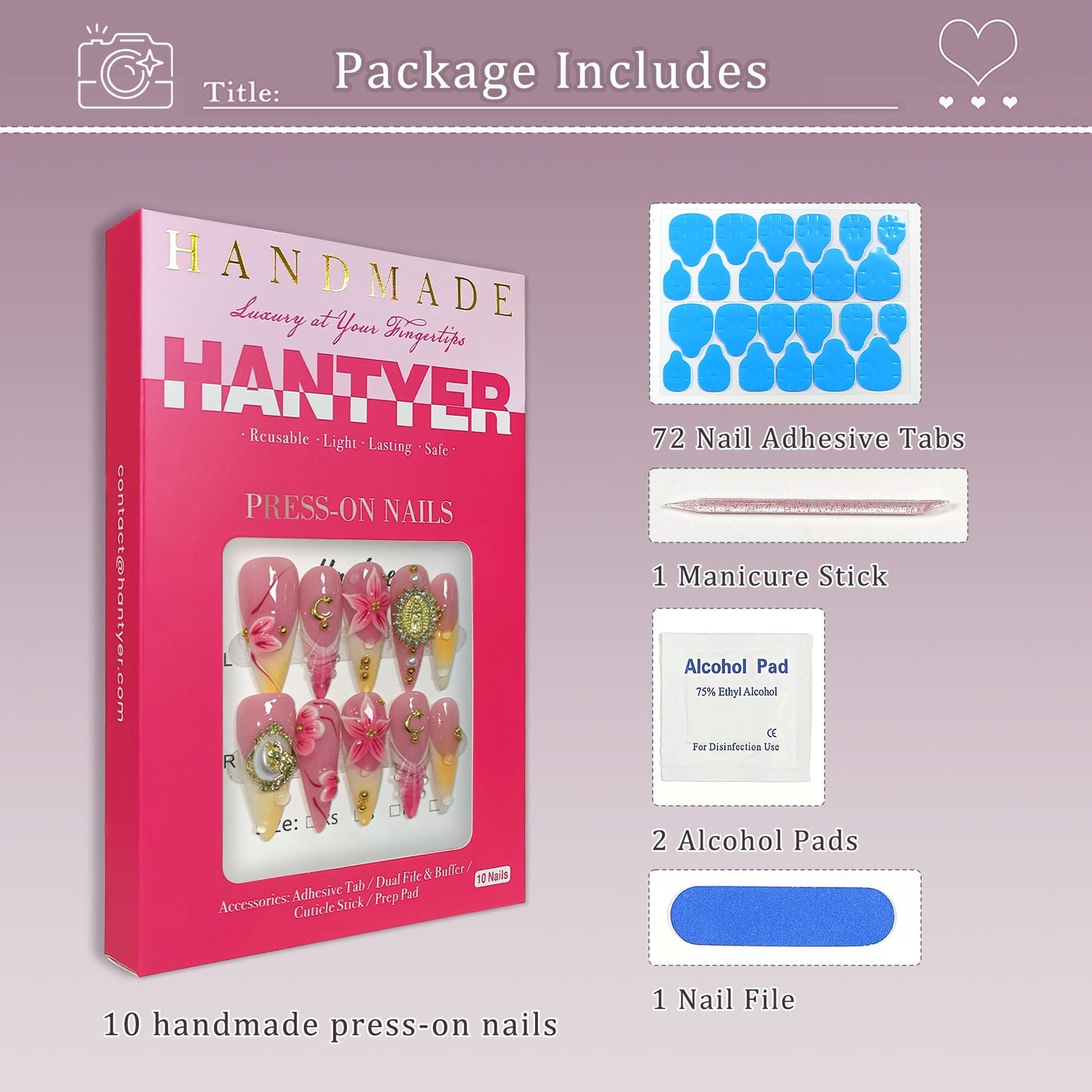 Hantyer Pink Ombre French Press on Nails with 3D Floral Carving, Gold Statue Charms, Long Stiletto Glossy Iced Baroque Fake Nails, Reusable Elegant False Nails for Women Wedding Ball Party (Size L)