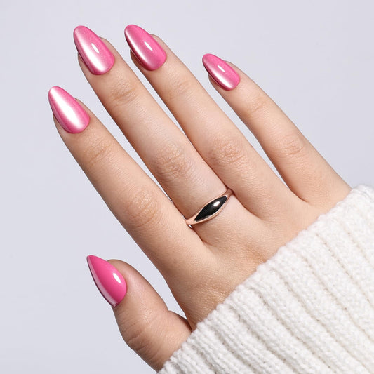 Cat Eye Pink Press On Nails - Fairy Short Almond Fake Nails, CatEye Press On Nails Reusable Stick On Nails in 16 Sizes, 32pcs False Nail Kit for Women & Girls (Starlit Pink)