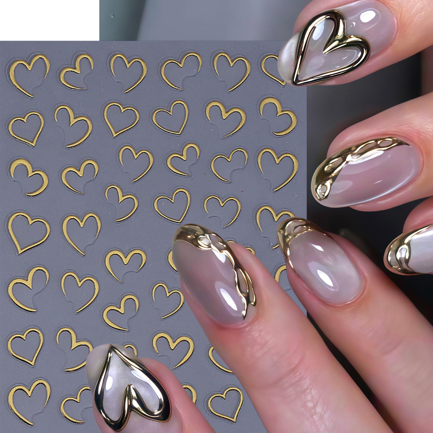 8 Sheets Heart Nail Art Stickers Valentines 3D Self-Adhesive Nail Decals Red Silver Gold Hollow Hearts Nail Design Heart Acrylic Decoration DIY for Women Manicure Supplies Decorations Accessories